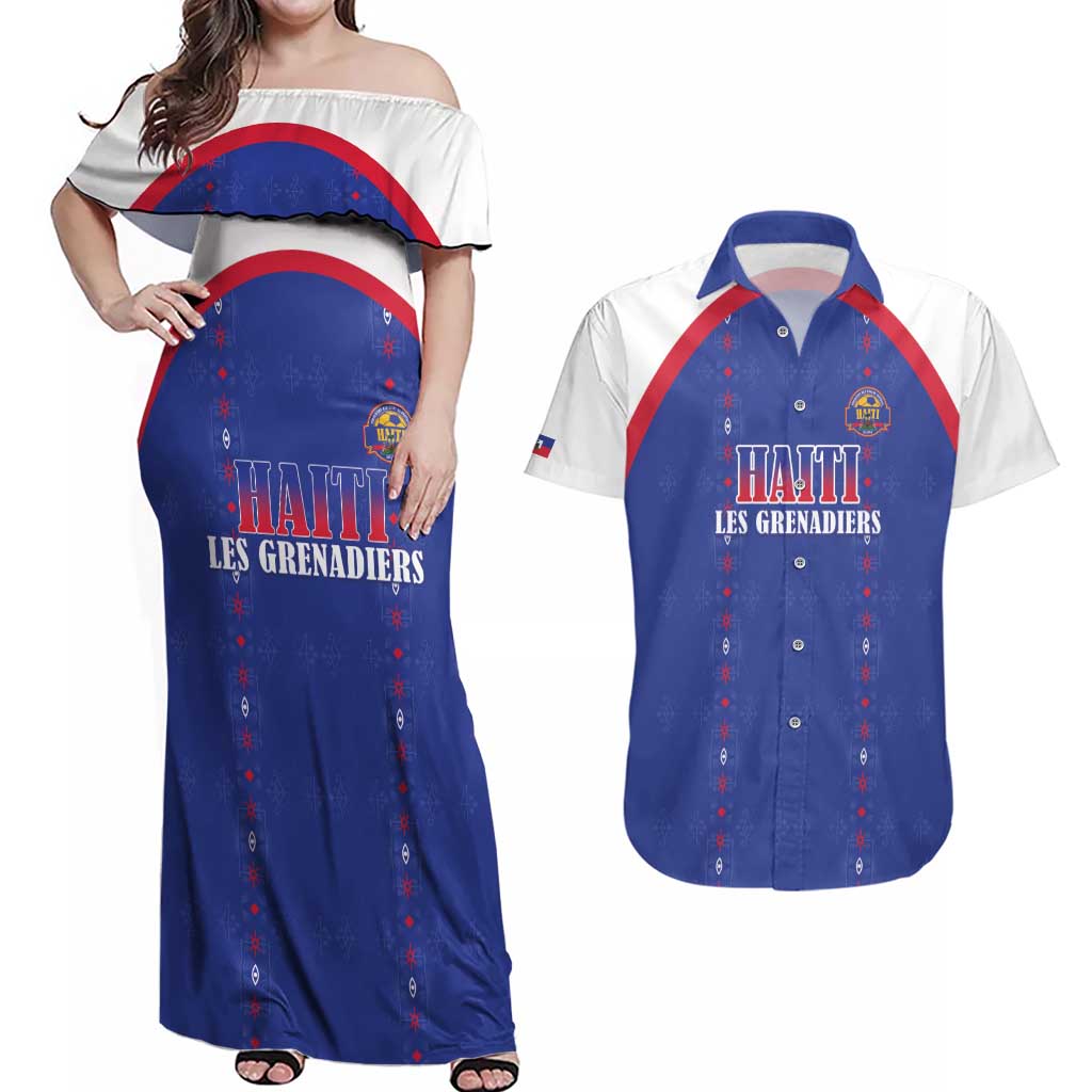 Custom Haiti Football Couples Matching Off Shoulder Maxi Dress and Hawaiian Shirt Les Grenadiers Veve Haitian Vodou Blue Version - Wonder Print Shop