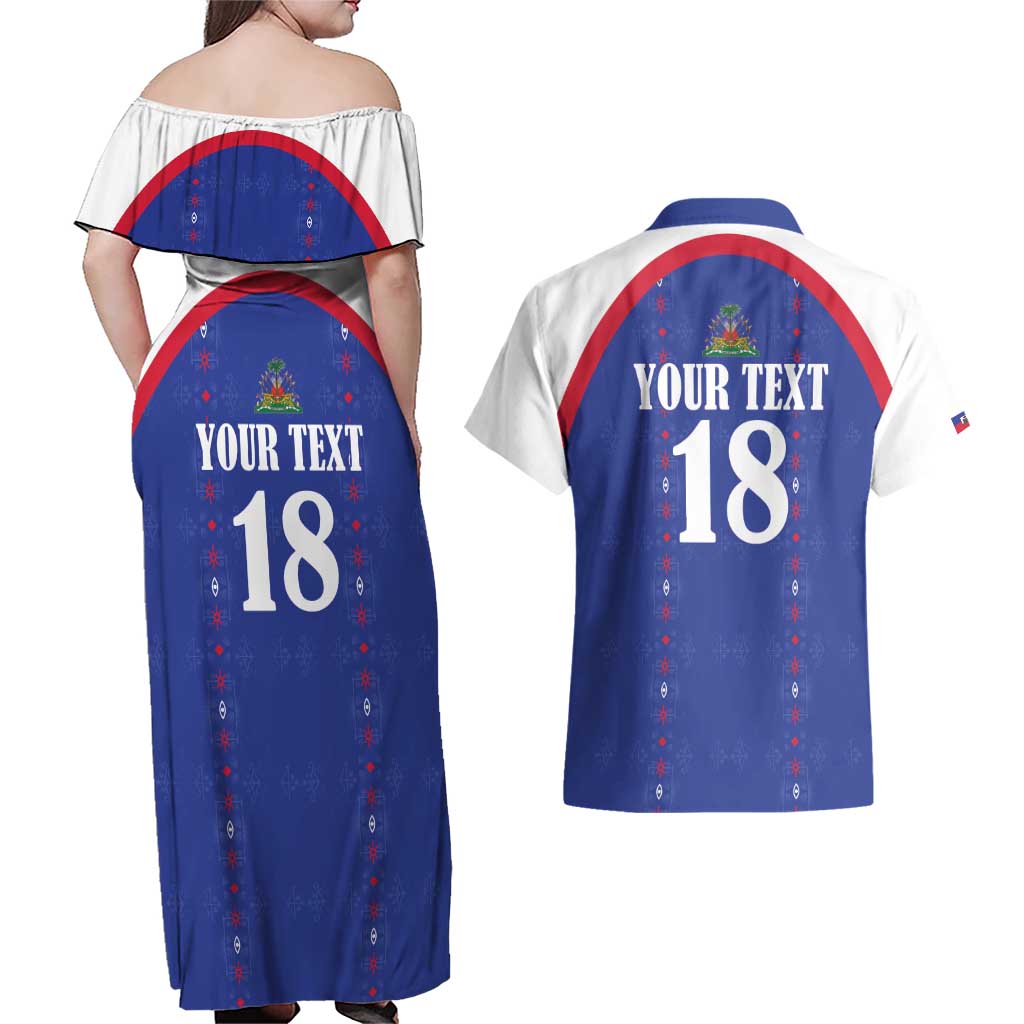 Custom Haiti Football Couples Matching Off Shoulder Maxi Dress and Hawaiian Shirt Les Grenadiers Veve Haitian Vodou Blue Version - Wonder Print Shop