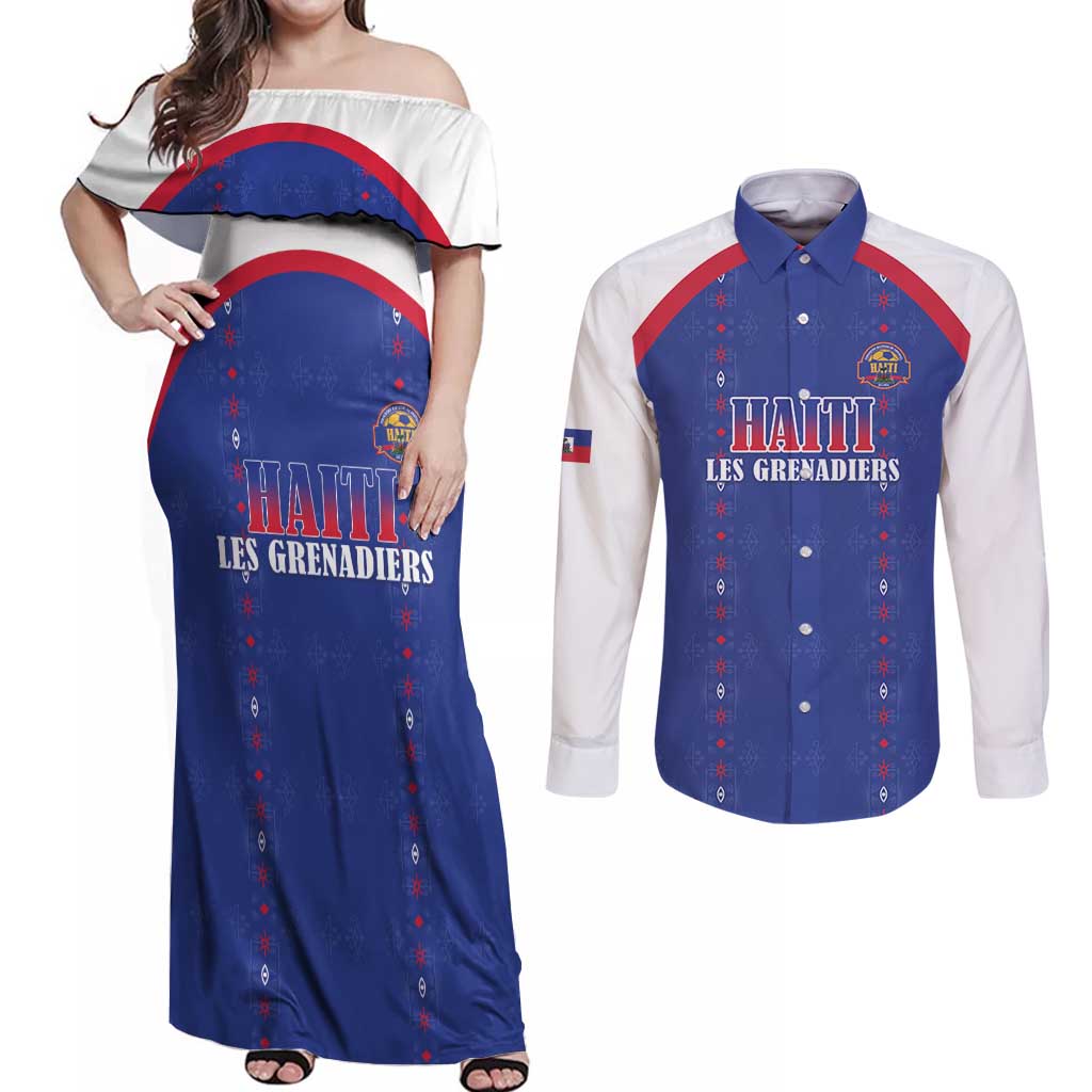 Custom Haiti Football Couples Matching Off Shoulder Maxi Dress and Long Sleeve Button Shirt Les Grenadiers Veve Haitian Vodou Blue Version - Wonder Print Shop