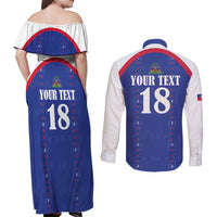Custom Haiti Football Couples Matching Off Shoulder Maxi Dress and Long Sleeve Button Shirt Les Grenadiers Veve Haitian Vodou Blue Version - Wonder Print Shop