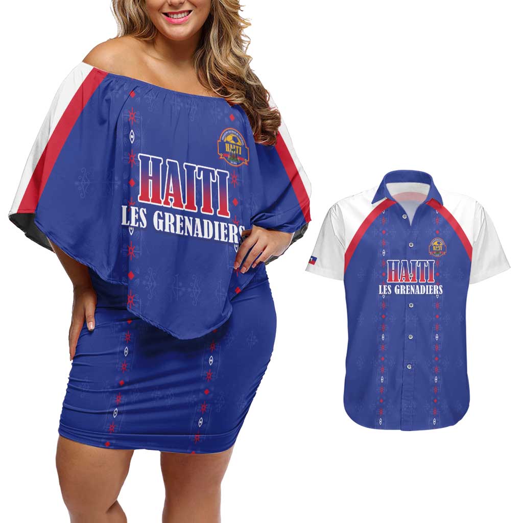 Custom Haiti Football Couples Matching Off Shoulder Short Dress and Hawaiian Shirt Les Grenadiers Veve Haitian Vodou Blue Version - Wonder Print Shop