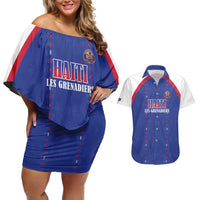 Custom Haiti Football Couples Matching Off Shoulder Short Dress and Hawaiian Shirt Les Grenadiers Veve Haitian Vodou Blue Version - Wonder Print Shop
