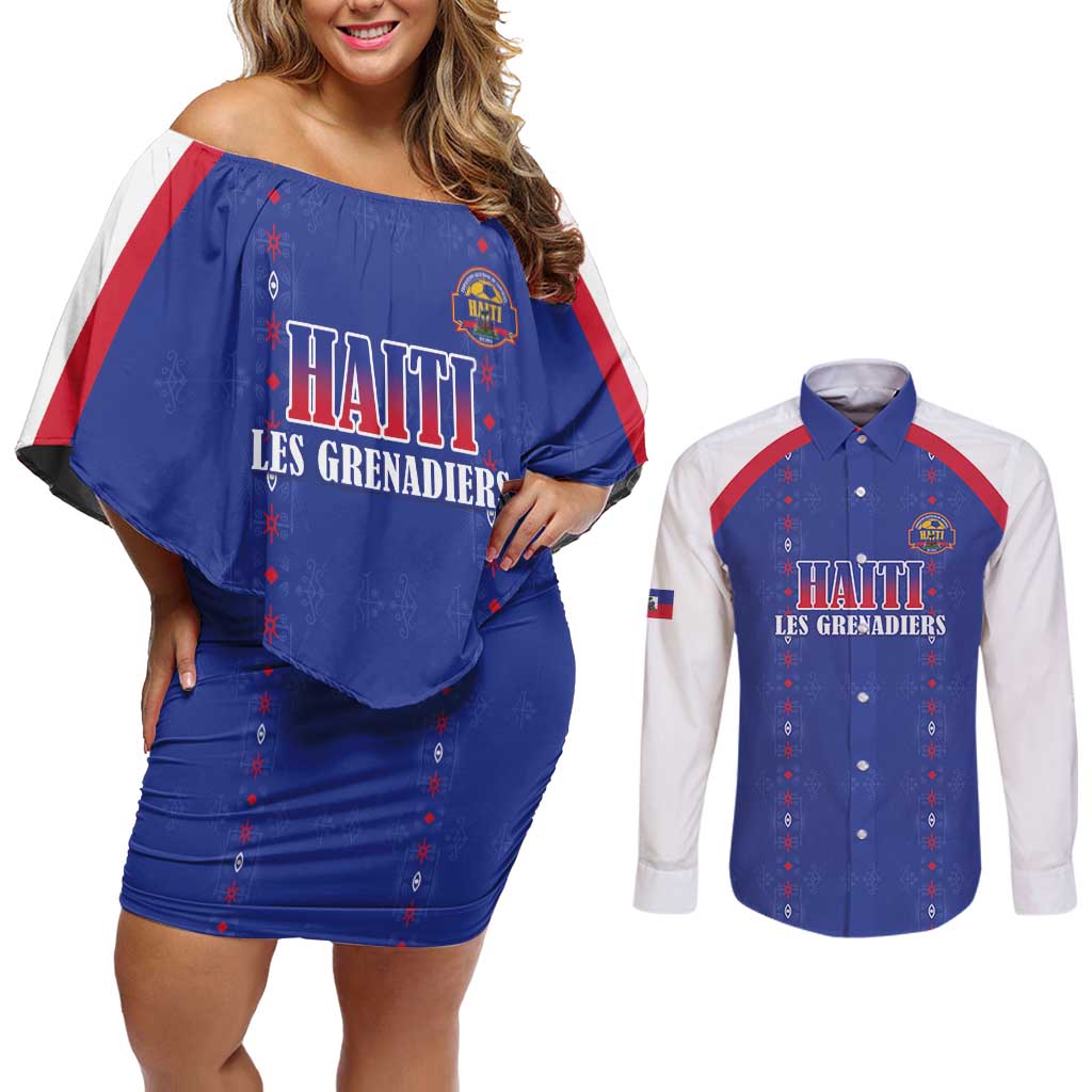 Custom Haiti Football Couples Matching Off Shoulder Short Dress and Long Sleeve Button Shirt Les Grenadiers Veve Haitian Vodou Blue Version - Wonder Print Shop