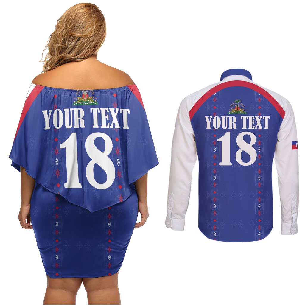 Custom Haiti Football Couples Matching Off Shoulder Short Dress and Long Sleeve Button Shirt Les Grenadiers Veve Haitian Vodou Blue Version - Wonder Print Shop
