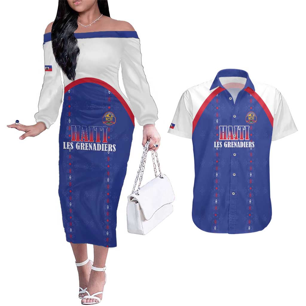 Custom Haiti Football Couples Matching Off The Shoulder Long Sleeve Dress and Hawaiian Shirt Les Grenadiers Veve Haitian Vodou Blue Version - Wonder Print Shop