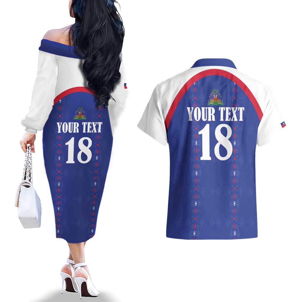 Custom Haiti Football Couples Matching Off The Shoulder Long Sleeve Dress and Hawaiian Shirt Les Grenadiers Veve Haitian Vodou Blue Version - Wonder Print Shop