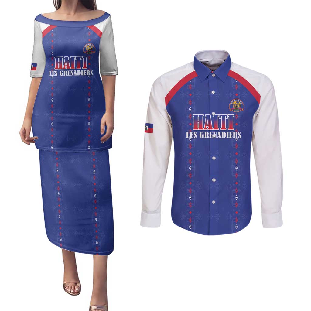 Custom Haiti Football Couples Matching Puletasi and Long Sleeve Button Shirt Les Grenadiers Veve Haitian Vodou Blue Version - Wonder Print Shop