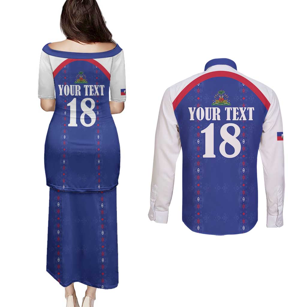 Custom Haiti Football Couples Matching Puletasi and Long Sleeve Button Shirt Les Grenadiers Veve Haitian Vodou Blue Version - Wonder Print Shop