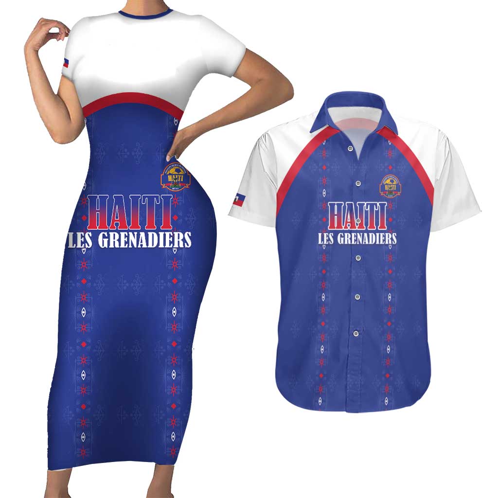 Custom Haiti Football Couples Matching Short Sleeve Bodycon Dress and Hawaiian Shirt Les Grenadiers Veve Haitian Vodou Blue Version - Wonder Print Shop