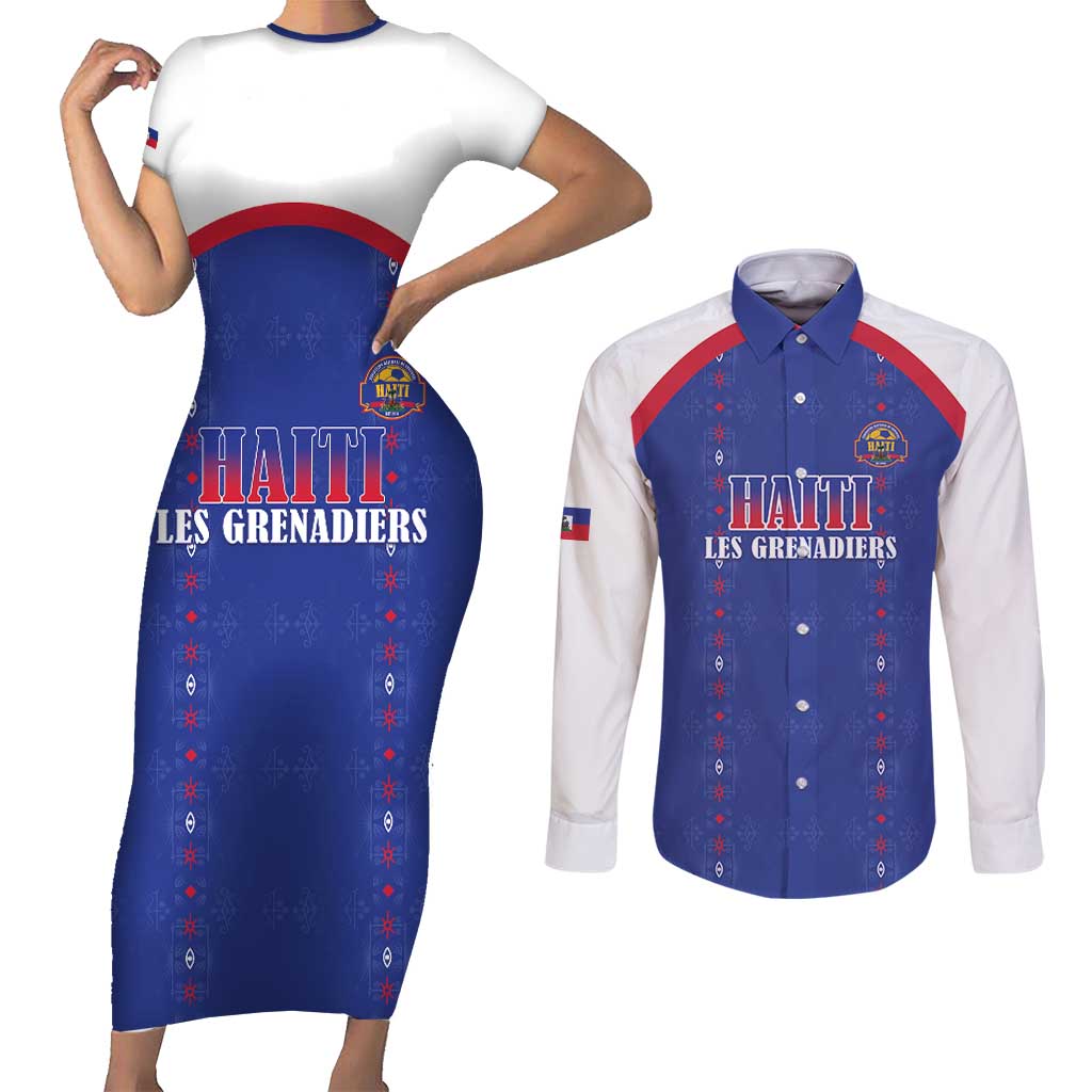 Custom Haiti Football Couples Matching Short Sleeve Bodycon Dress and Long Sleeve Button Shirt Les Grenadiers Veve Haitian Vodou Blue Version - Wonder Print Shop