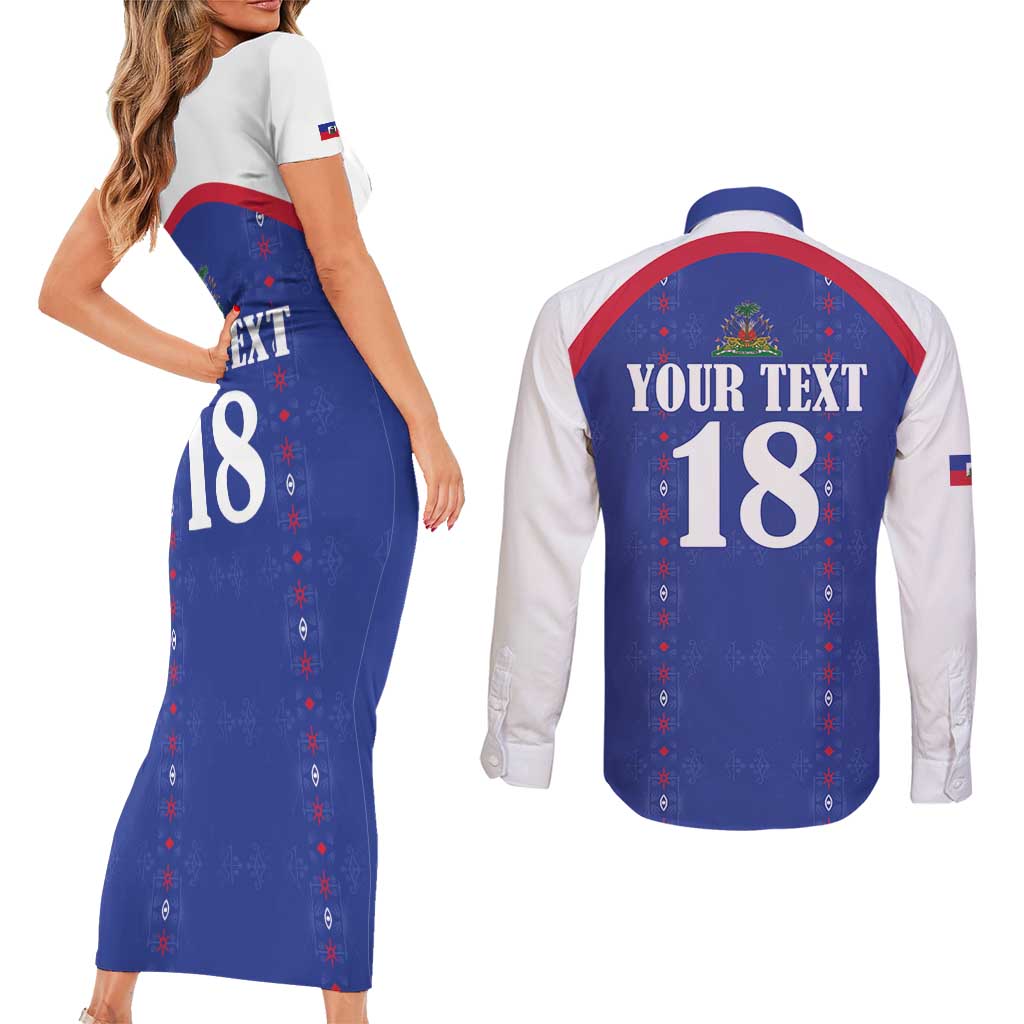 Custom Haiti Football Couples Matching Short Sleeve Bodycon Dress and Long Sleeve Button Shirt Les Grenadiers Veve Haitian Vodou Blue Version - Wonder Print Shop