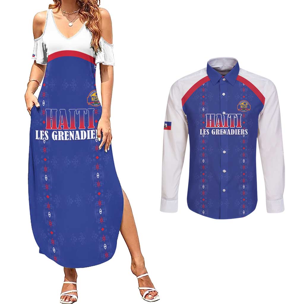 Custom Haiti Football Couples Matching Summer Maxi Dress and Long Sleeve Button Shirt Les Grenadiers Veve Haitian Vodou Blue Version - Wonder Print Shop