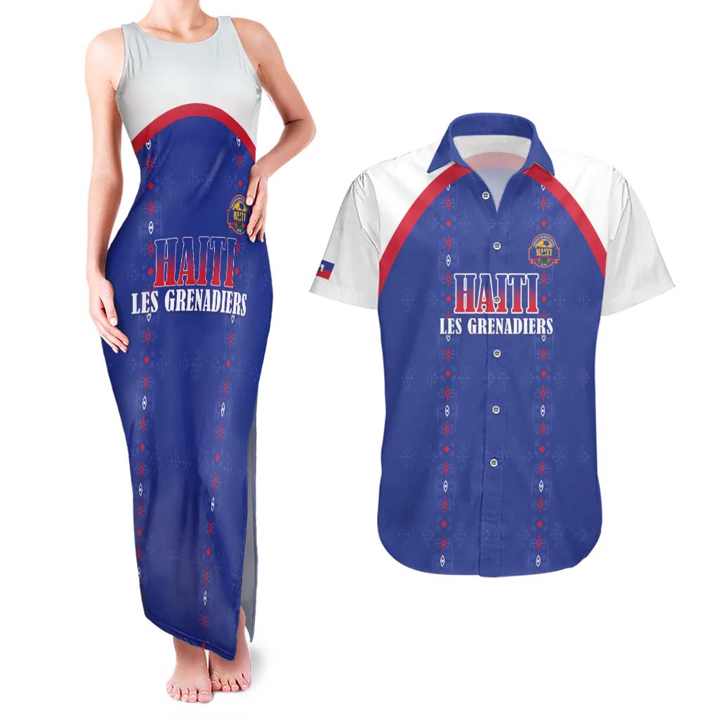 Custom Haiti Football Couples Matching Tank Maxi Dress and Hawaiian Shirt Les Grenadiers Veve Haitian Vodou Blue Version - Wonder Print Shop