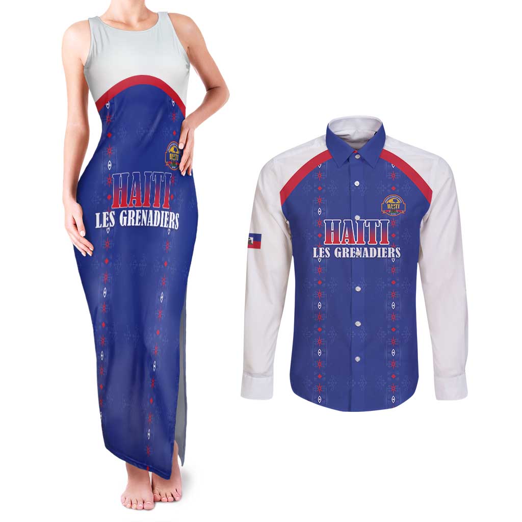 Custom Haiti Football Couples Matching Tank Maxi Dress and Long Sleeve Button Shirt Les Grenadiers Veve Haitian Vodou Blue Version - Wonder Print Shop