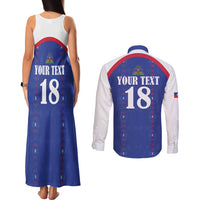 Custom Haiti Football Couples Matching Tank Maxi Dress and Long Sleeve Button Shirt Les Grenadiers Veve Haitian Vodou Blue Version - Wonder Print Shop