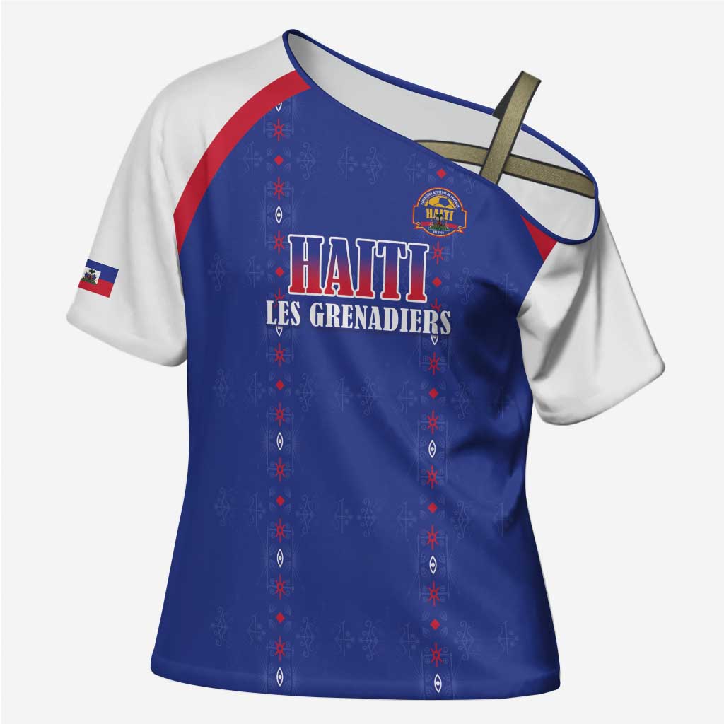 Custom Haiti Football Cross Shoulder Shirt Les Grenadiers Veve Haitian Vodou Blue Version - Wonder Print Shop