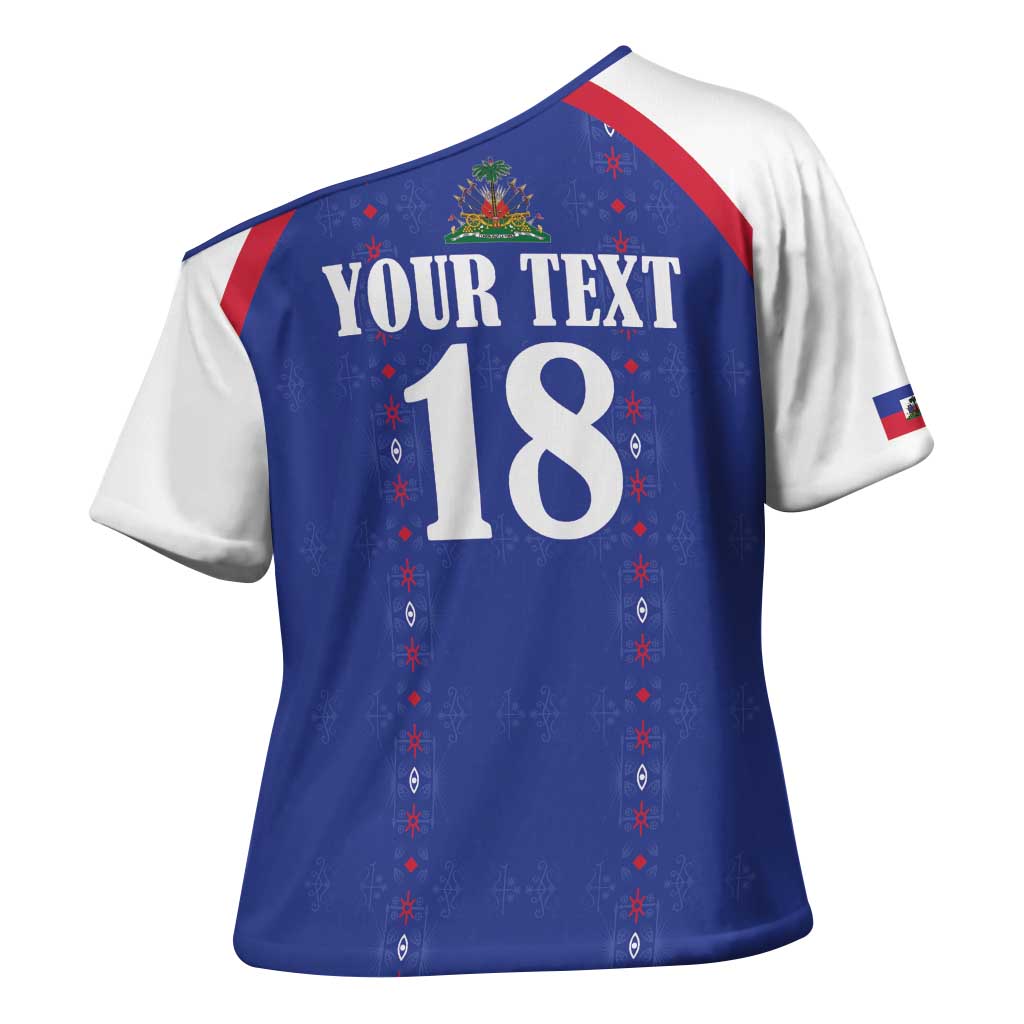 Custom Haiti Football Cross Shoulder Shirt Les Grenadiers Veve Haitian Vodou Blue Version - Wonder Print Shop