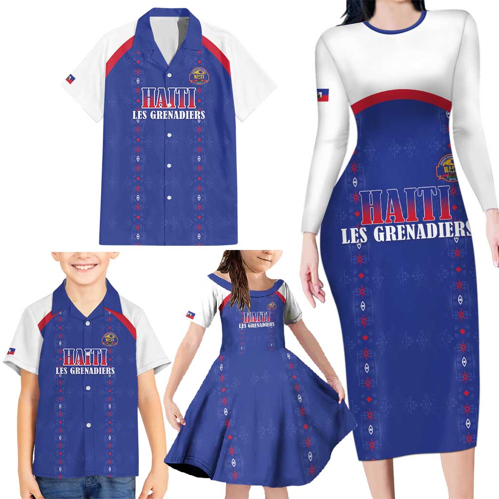 Custom Haiti Football Family Matching Long Sleeve Bodycon Dress and Hawaiian Shirt Les Grenadiers Veve Haitian Vodou Blue Version - Wonder Print Shop