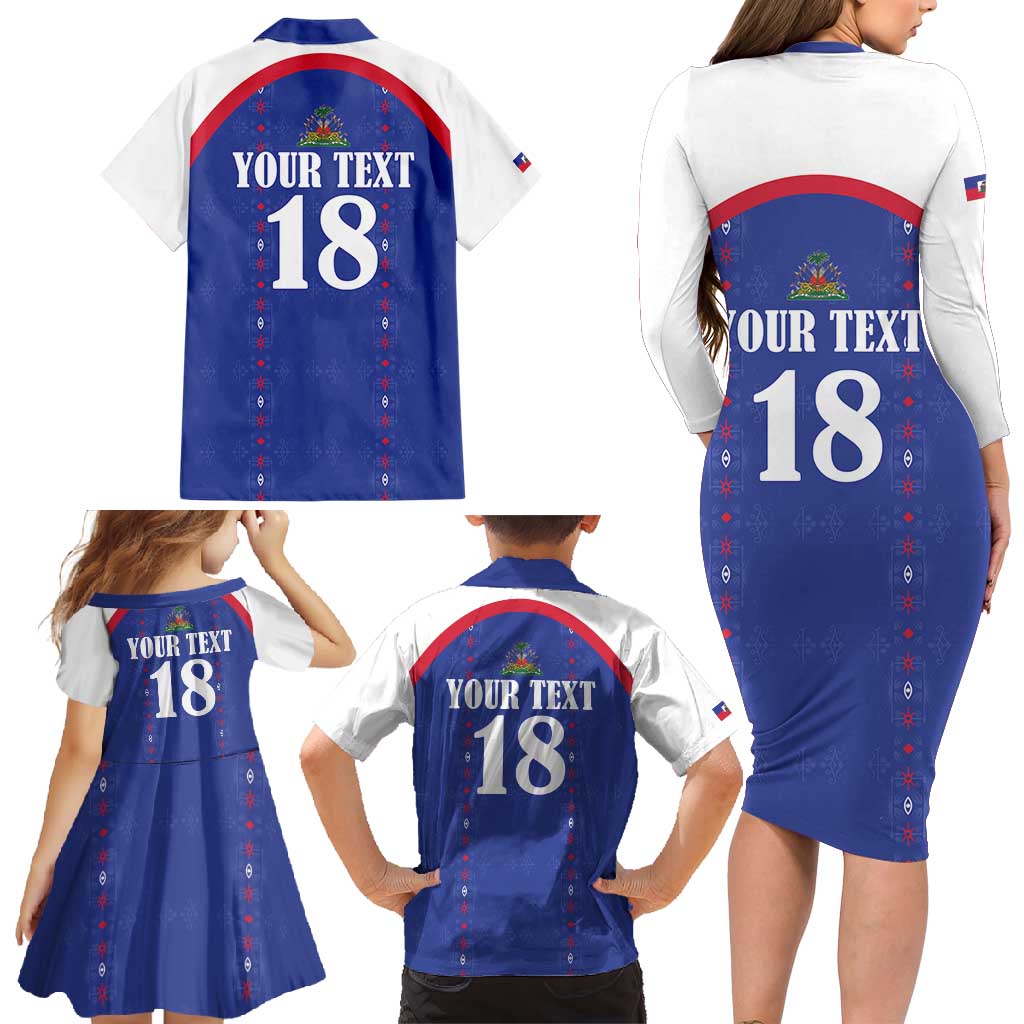 Custom Haiti Football Family Matching Long Sleeve Bodycon Dress and Hawaiian Shirt Les Grenadiers Veve Haitian Vodou Blue Version - Wonder Print Shop
