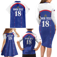 Custom Haiti Football Family Matching Long Sleeve Bodycon Dress and Hawaiian Shirt Les Grenadiers Veve Haitian Vodou Blue Version - Wonder Print Shop