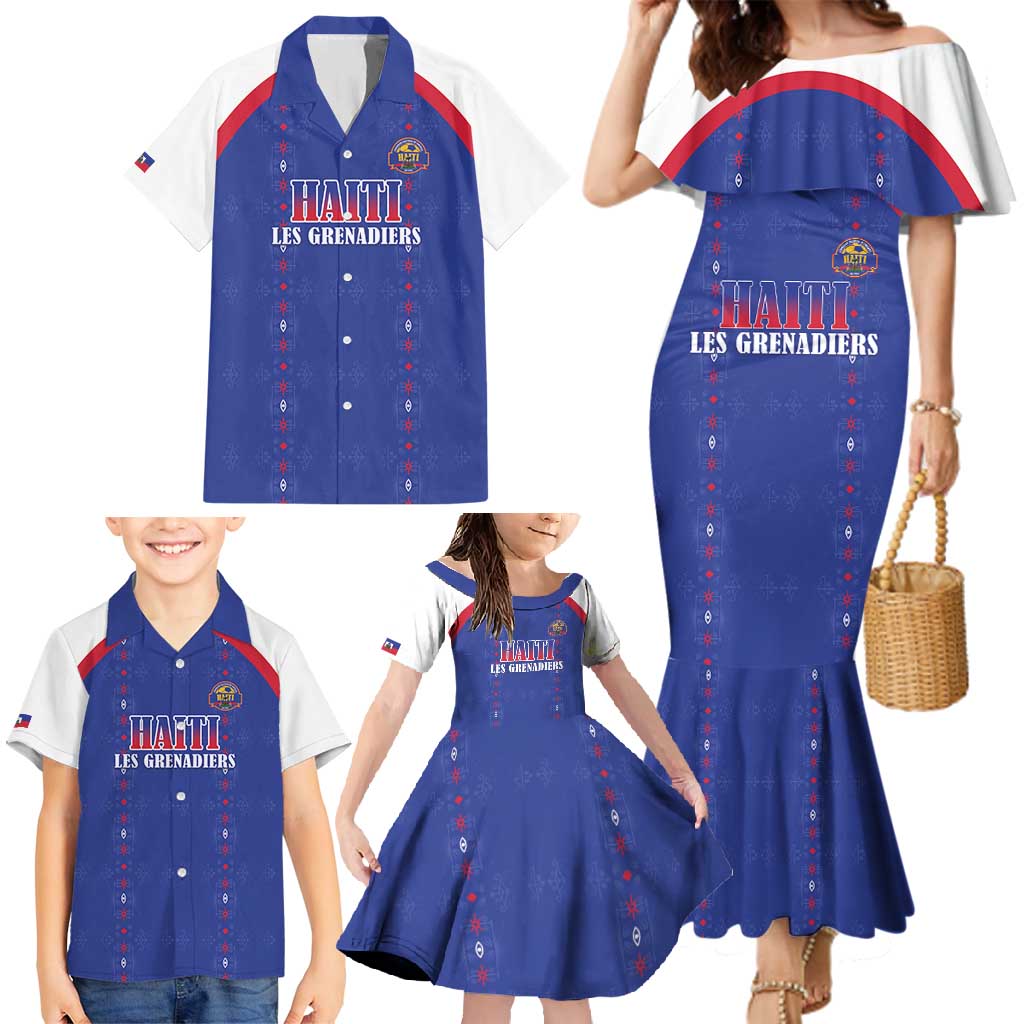 Custom Haiti Football Family Matching Mermaid Dress and Hawaiian Shirt Les Grenadiers Veve Haitian Vodou Blue Version - Wonder Print Shop