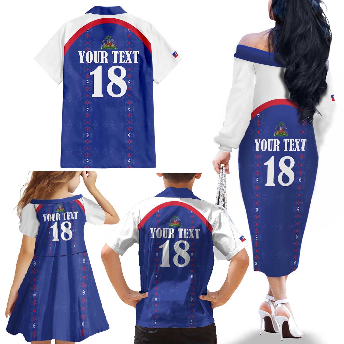 Custom Haiti Football Family Matching Off The Shoulder Long Sleeve Dress and Hawaiian Shirt Les Grenadiers Veve Haitian Vodou Blue Version - Wonder Print Shop