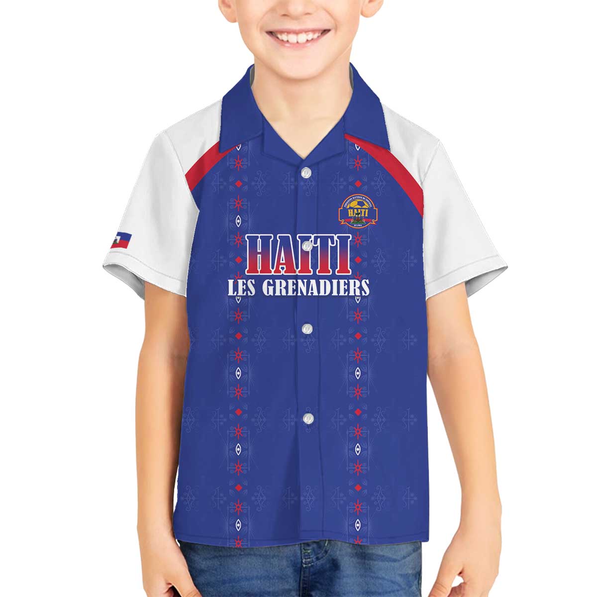 Custom Haiti Football Family Matching Off The Shoulder Long Sleeve Dress and Hawaiian Shirt Les Grenadiers Veve Haitian Vodou Blue Version - Wonder Print Shop