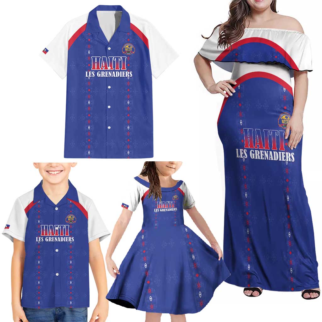 Custom Haiti Football Family Matching Off Shoulder Maxi Dress and Hawaiian Shirt Les Grenadiers Veve Haitian Vodou Blue Version - Wonder Print Shop