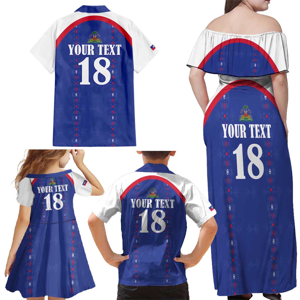 Custom Haiti Football Family Matching Off Shoulder Maxi Dress and Hawaiian Shirt Les Grenadiers Veve Haitian Vodou Blue Version - Wonder Print Shop