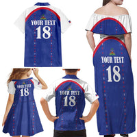 Custom Haiti Football Family Matching Off Shoulder Maxi Dress and Hawaiian Shirt Les Grenadiers Veve Haitian Vodou Blue Version - Wonder Print Shop