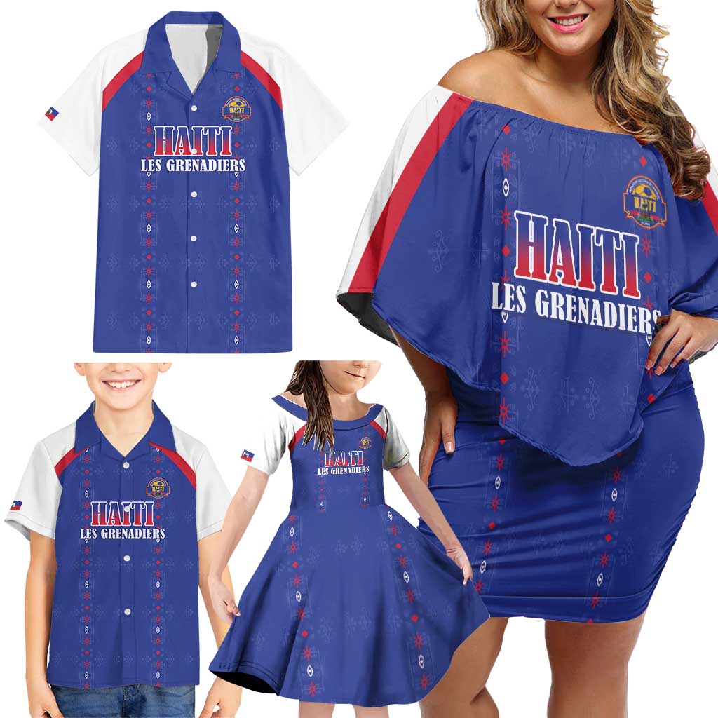Custom Haiti Football Family Matching Off Shoulder Short Dress and Hawaiian Shirt Les Grenadiers Veve Haitian Vodou Blue Version - Wonder Print Shop
