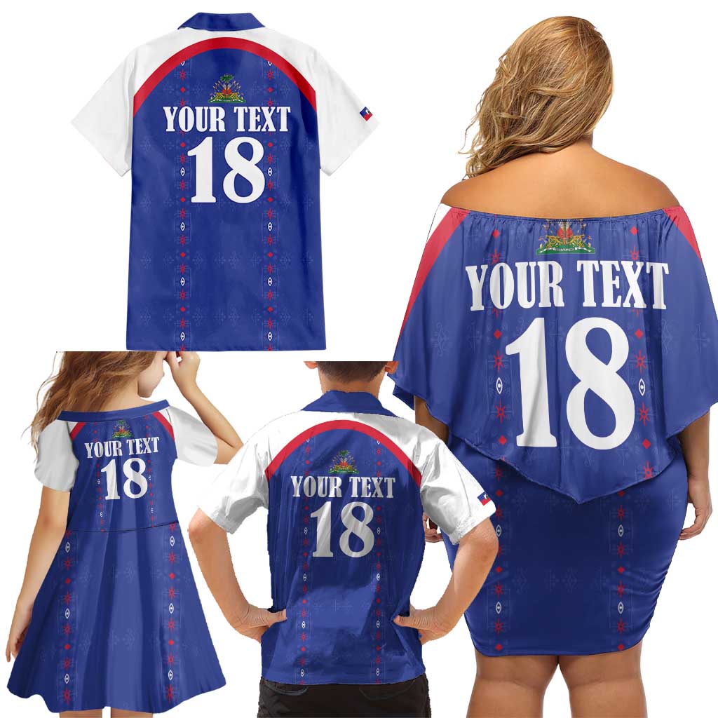 Custom Haiti Football Family Matching Off Shoulder Short Dress and Hawaiian Shirt Les Grenadiers Veve Haitian Vodou Blue Version - Wonder Print Shop