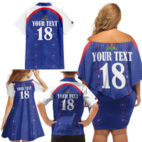 Custom Haiti Football Family Matching Off Shoulder Short Dress and Hawaiian Shirt Les Grenadiers Veve Haitian Vodou Blue Version - Wonder Print Shop
