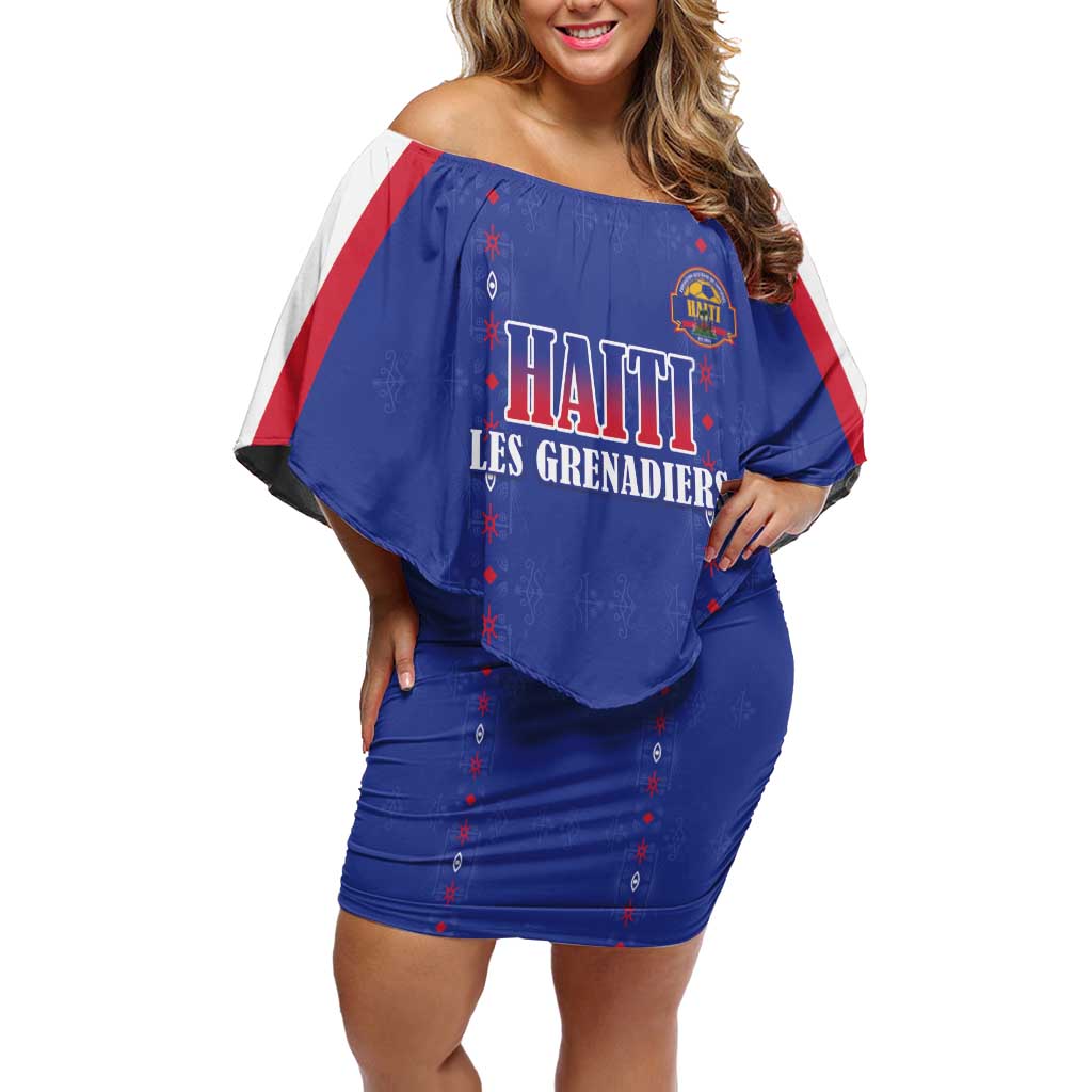 Custom Haiti Football Family Matching Off Shoulder Short Dress and Hawaiian Shirt Les Grenadiers Veve Haitian Vodou Blue Version - Wonder Print Shop