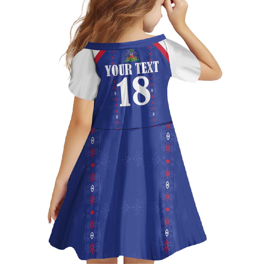 Custom Haiti Football Family Matching Short Sleeve Bodycon Dress and Hawaiian Shirt Les Grenadiers Veve Haitian Vodou Blue Version - Wonder Print Shop