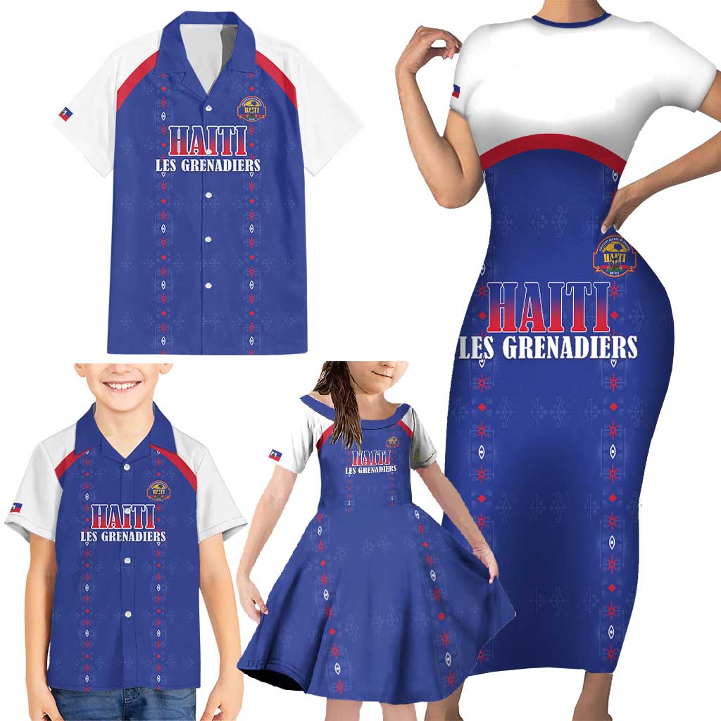 Custom Haiti Football Family Matching Short Sleeve Bodycon Dress and Hawaiian Shirt Les Grenadiers Veve Haitian Vodou Blue Version - Wonder Print Shop