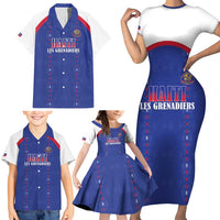 Custom Haiti Football Family Matching Short Sleeve Bodycon Dress and Hawaiian Shirt Les Grenadiers Veve Haitian Vodou Blue Version - Wonder Print Shop