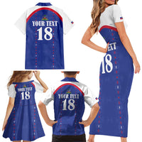 Custom Haiti Football Family Matching Short Sleeve Bodycon Dress and Hawaiian Shirt Les Grenadiers Veve Haitian Vodou Blue Version - Wonder Print Shop