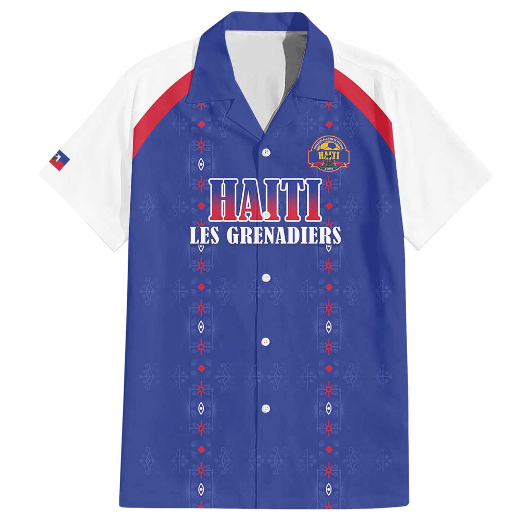 Custom Haiti Football Family Matching Short Sleeve Bodycon Dress and Hawaiian Shirt Les Grenadiers Veve Haitian Vodou Blue Version - Wonder Print Shop