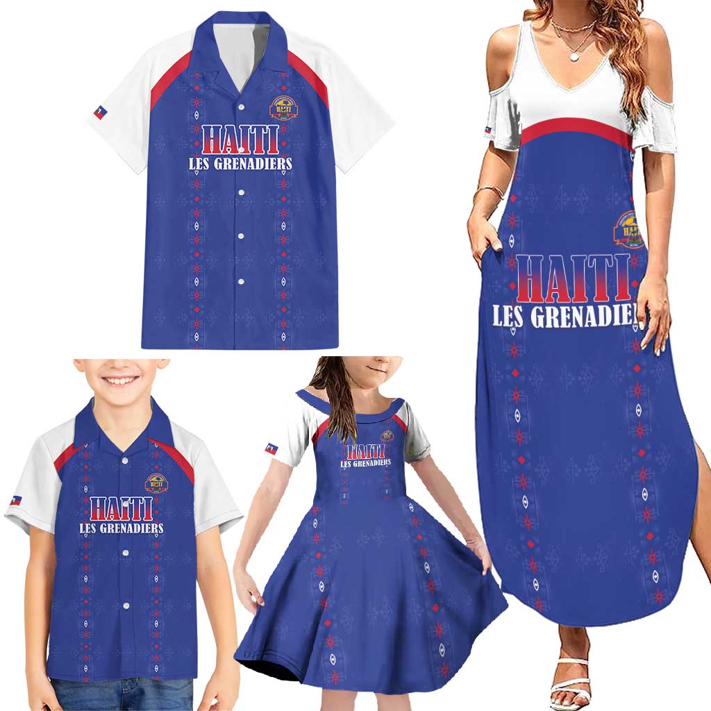 Custom Haiti Football Family Matching Summer Maxi Dress and Hawaiian Shirt Les Grenadiers Veve Haitian Vodou Blue Version - Wonder Print Shop