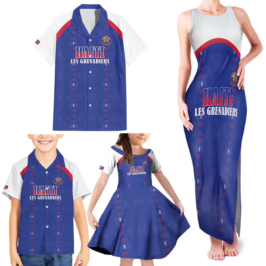 Custom Haiti Football Family Matching Tank Maxi Dress and Hawaiian Shirt Les Grenadiers Veve Haitian Vodou Blue Version - Wonder Print Shop