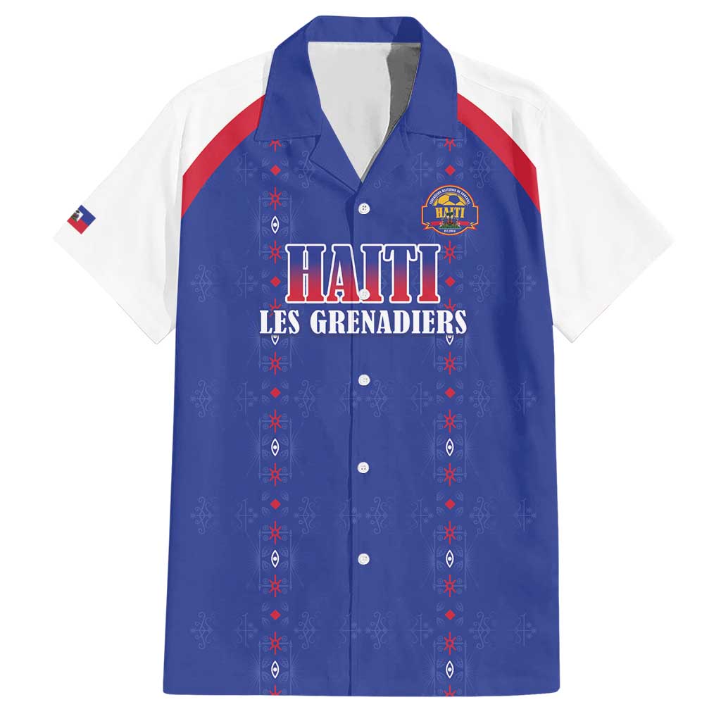 Custom Haiti Football Hawaiian Shirt Les Grenadiers Veve Haitian Vodou Blue Version - Wonder Print Shop