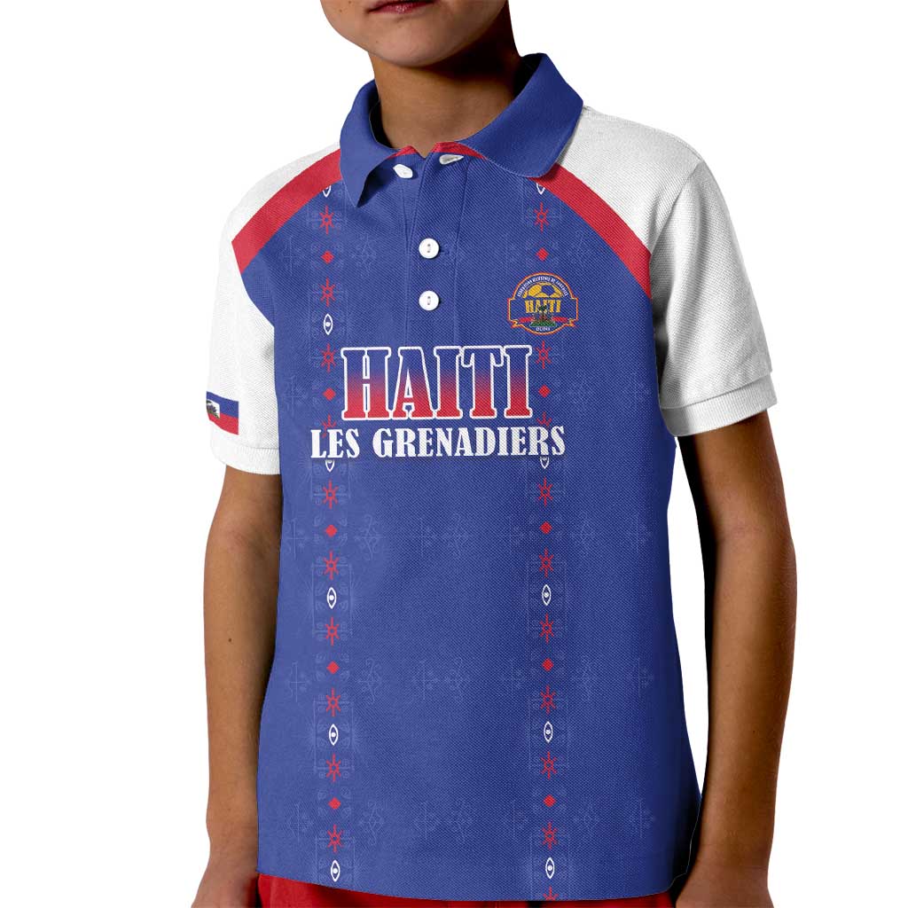 Custom Haiti Football Kid Polo Shirt Les Grenadiers Veve Haitian Vodou Blue Version - Wonder Print Shop