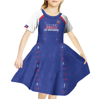 Custom Haiti Football Kid Short Sleeve Dress Les Grenadiers Veve Haitian Vodou Blue Version - Wonder Print Shop