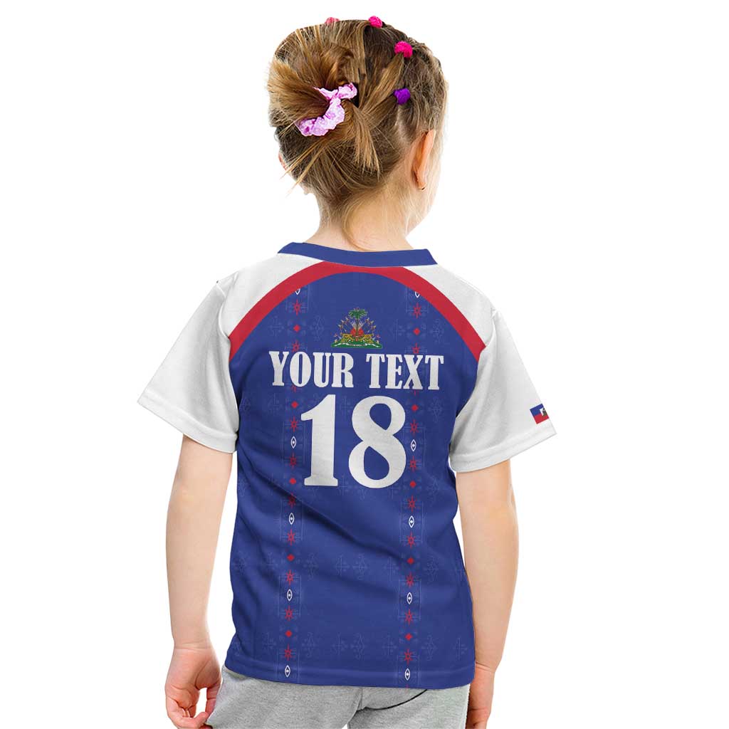 Custom Haiti Football Kid T Shirt Les Grenadiers Veve Haitian Vodou Blue Version - Wonder Print Shop