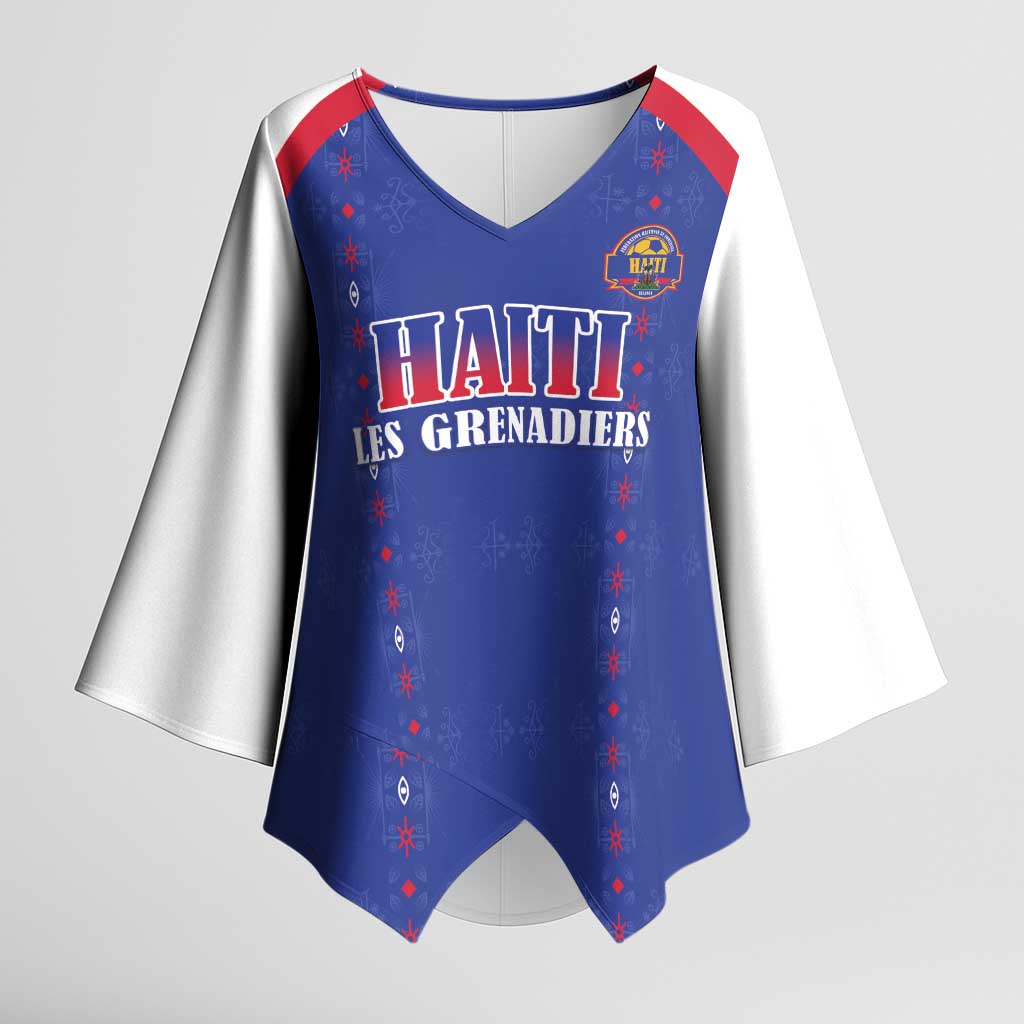 Custom Haiti Football Kimono Sleeve Blouse Les Grenadiers Veve Haitian Vodou Blue Version - Wonder Print Shop