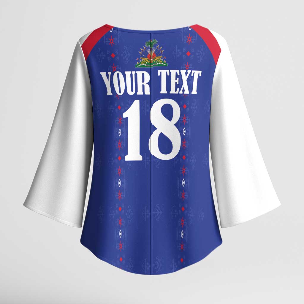 Custom Haiti Football Kimono Sleeve Blouse Les Grenadiers Veve Haitian Vodou Blue Version - Wonder Print Shop
