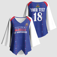 Custom Haiti Football Kimono Sleeve Blouse Les Grenadiers Veve Haitian Vodou Blue Version - Wonder Print Shop