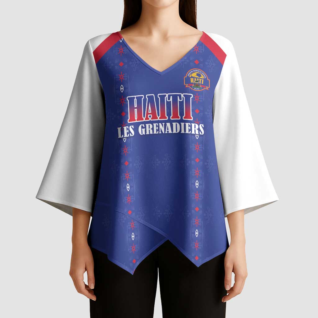 Custom Haiti Football Kimono Sleeve Blouse Les Grenadiers Veve Haitian Vodou Blue Version - Wonder Print Shop
