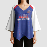 Custom Haiti Football Kimono Sleeve Blouse Les Grenadiers Veve Haitian Vodou Blue Version - Wonder Print Shop